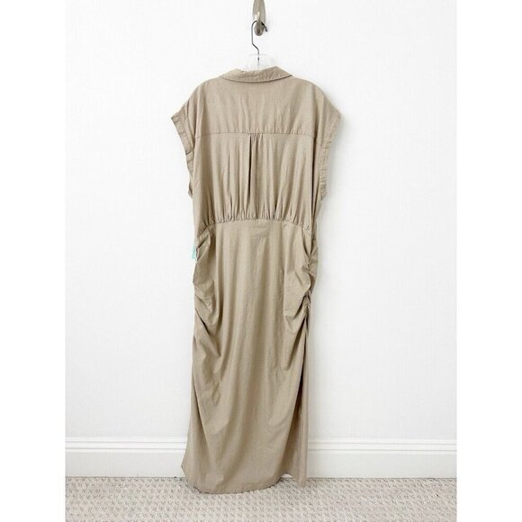 NWT Anthropologie Cap-Sleeve V-Neck Dress 2X Midi $168 Linen Blend Tan - Picture 6 of 8